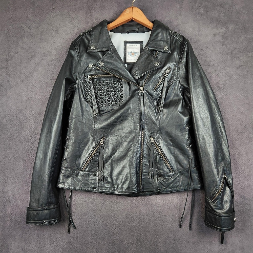 Harley-Davidson Leather Motorcycle Jacket Womens Large Black Studded Lace Up - Picture 2 of 15